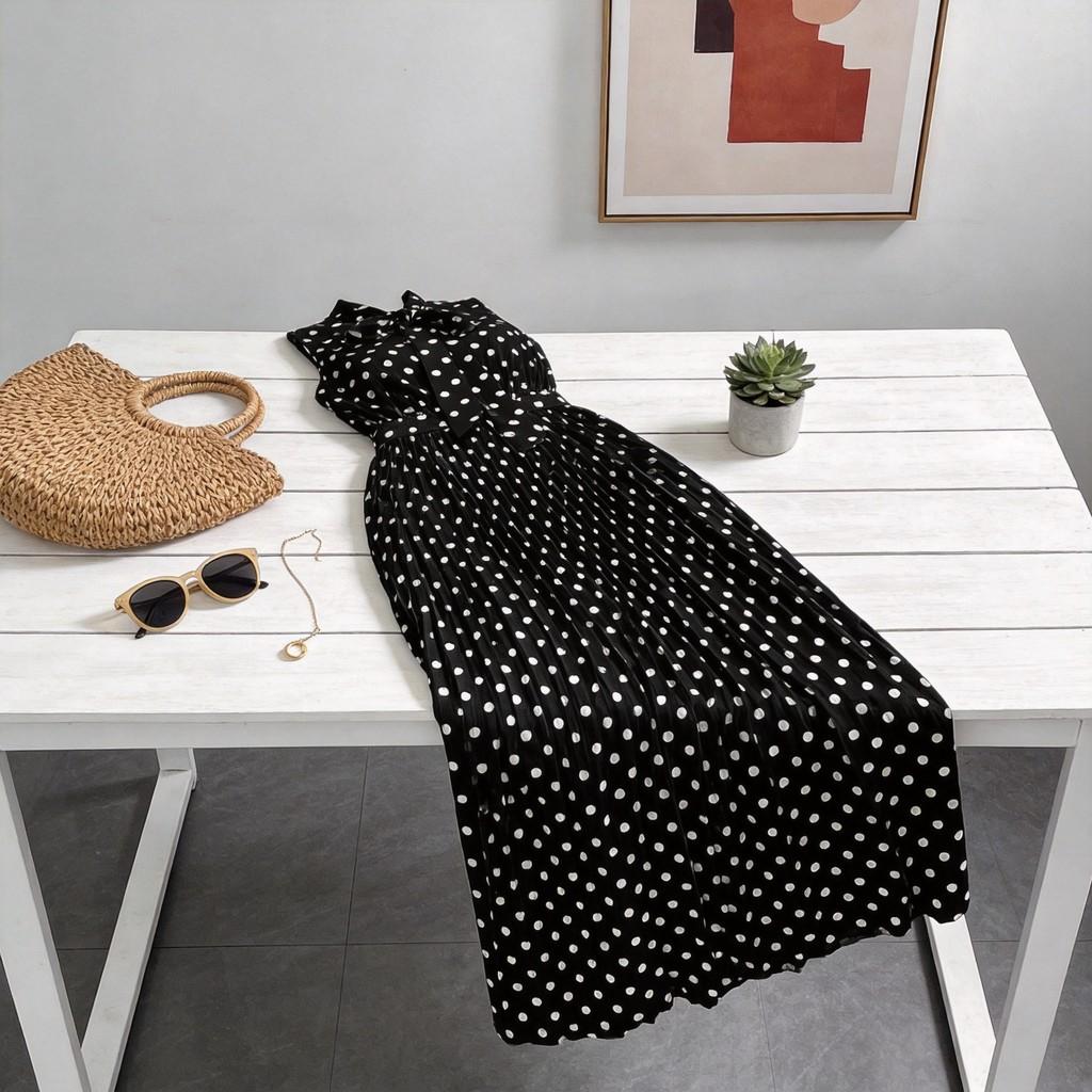 Elegantes ärmelloses Polka-Dot-Kleid mit Bindeband für Sommerreisen und Freizeit