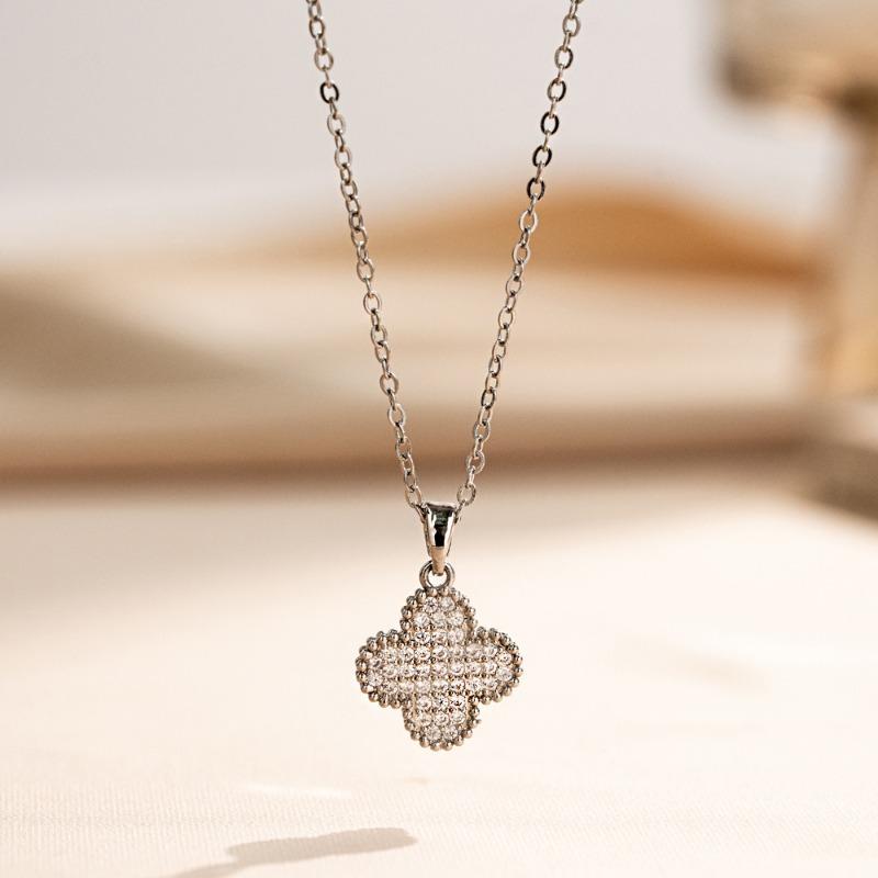Korean Style Light Luxury Four Leaf Flower Zircon Inlaid Necklace And Earrings Set For Women