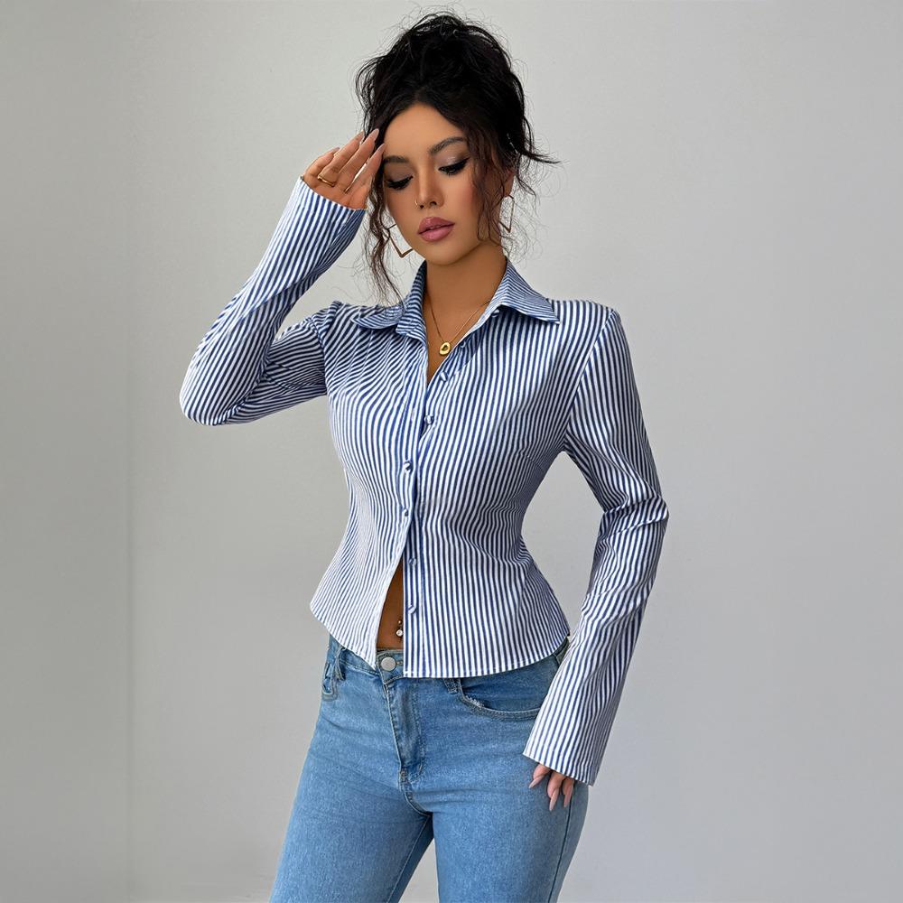 Casual Simple Striped Long-sleeved Button Tops and Shirts for Women 2025 Autumn and Winter