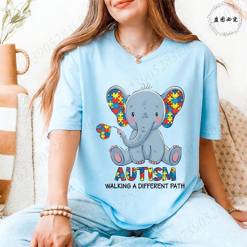 Unisex's Autism Awareness T-shirts: Cute Elephant Puzzle Graphic Tops Walking A Different Path Short Sleeve Autism Support Tees