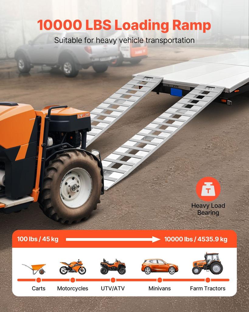 Loading Ramps, 2 Pcs 2745 X 380 Mm, Durable Aluminum and Heavy-Duty Trailer Ramp Set with Anti-Slip Plates, 4535.9 Kg Combined Capacity, for Carts,