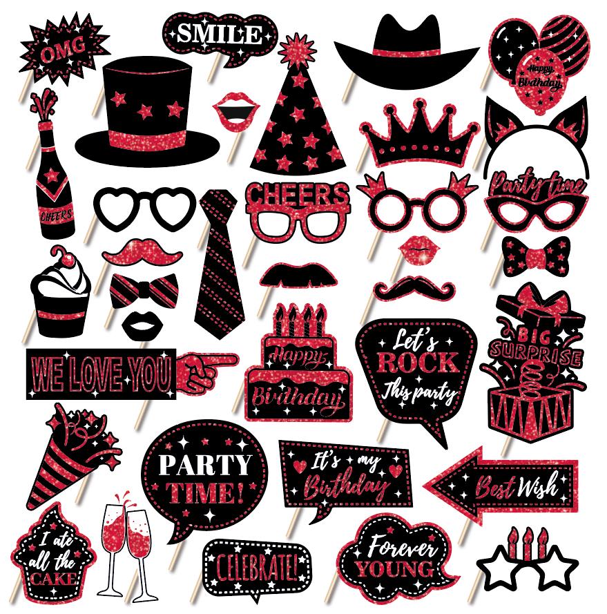 36pcs Happy Birthday Party Photo Booth Props Shimmer Powder Funny Glasses Lips Hat DIY Photo Shoot Prop Photobooth Accessories
