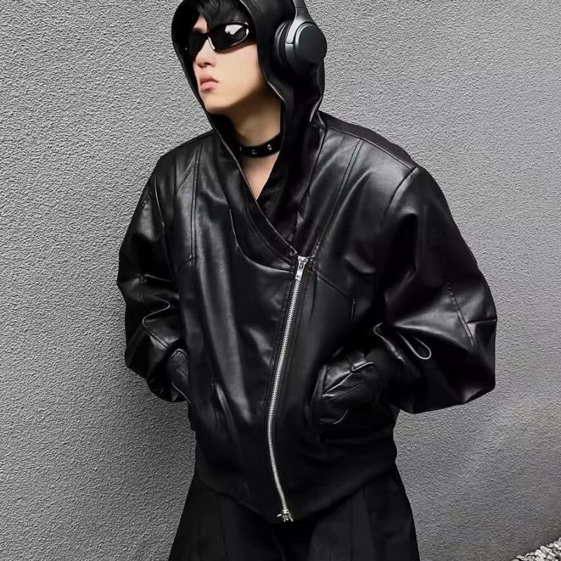 Men's Trendy Black PU Leather Hooded Jacket with Oblique Zipper - Korean Style for Spring and Autumn