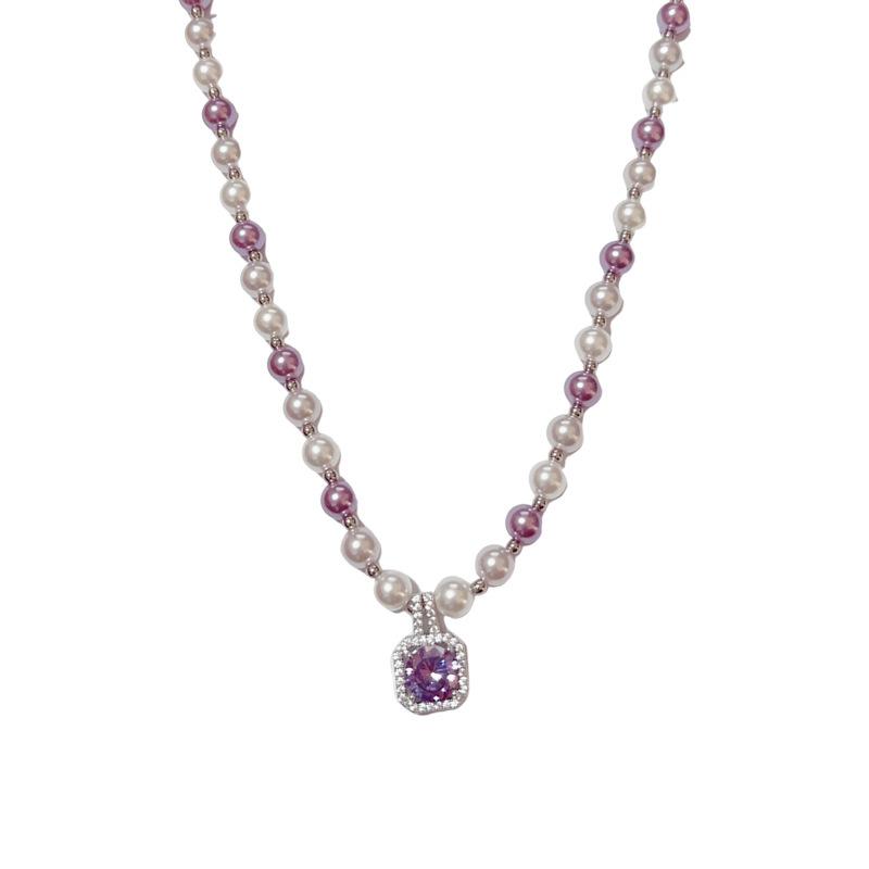 

Ретро Квадратное Ожерелье с Фиолетовым Цирконом и Жемчугом Элегантное Легкая Роскошь Темперамент Нишевое Все-сочетаемое Высококлассная Цепочка для Ключицы