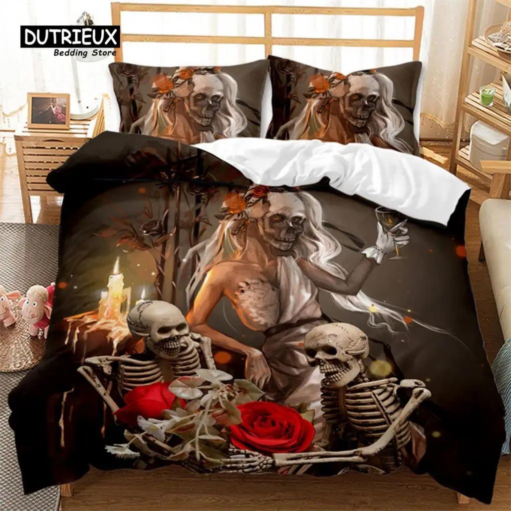 Dark Skull Duvet Cover Microfiber Gothic Skeleton Bedding Set Horror Theme Comforter Cover Queen For Teen Adults Bedroom Decor