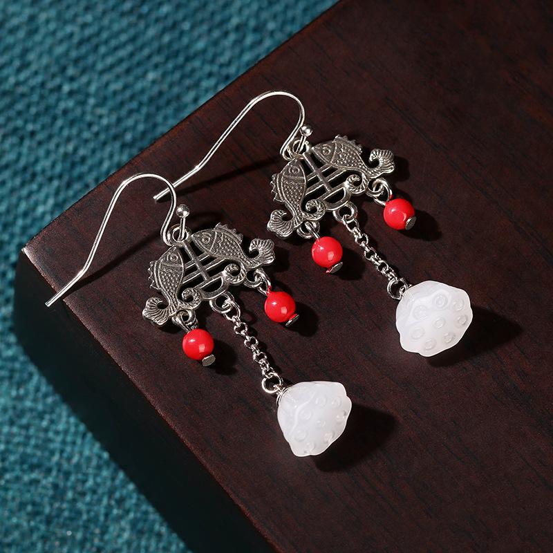 Xiaohongshu Recommended Retro Lotus Pod Earrings with Chalcedony Imitation and Thai Silver Finish