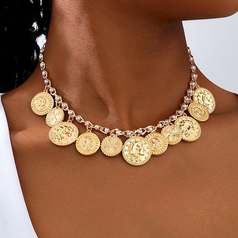 Meier Vintage Court Banquet Style Heavy Metal Gold Chunky Chain Necklace with Coin Pendant for Women
