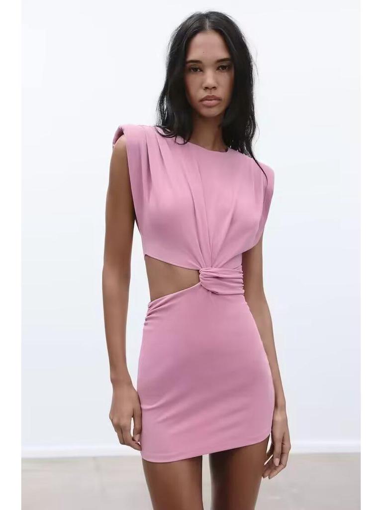 2025 Summer Sleeveless Slim Fit Mini Dress with Round Neck and Waist Cutout for Women