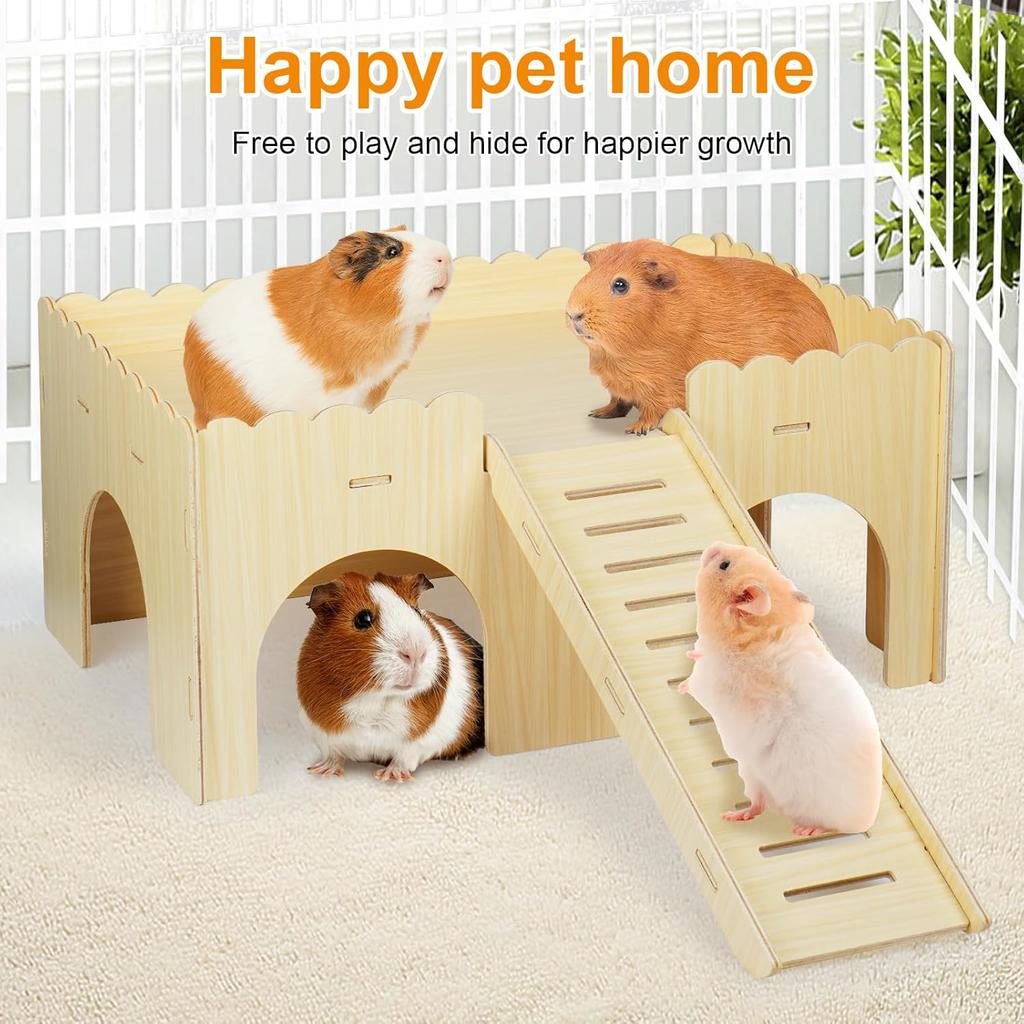 Large Guinea Pig Hideout, Upgraded Wooden Guinea Pig Castle with Guinea Pig Ramp, Easy To Assemble Guinea Pig House for Small Animal House Habitat or