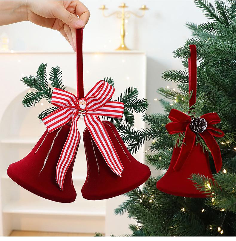 Velvet Flocked Christmas Bells Ornaments Set, Red Decorative Hanging Ornaments for Tree, Wreath, Garland