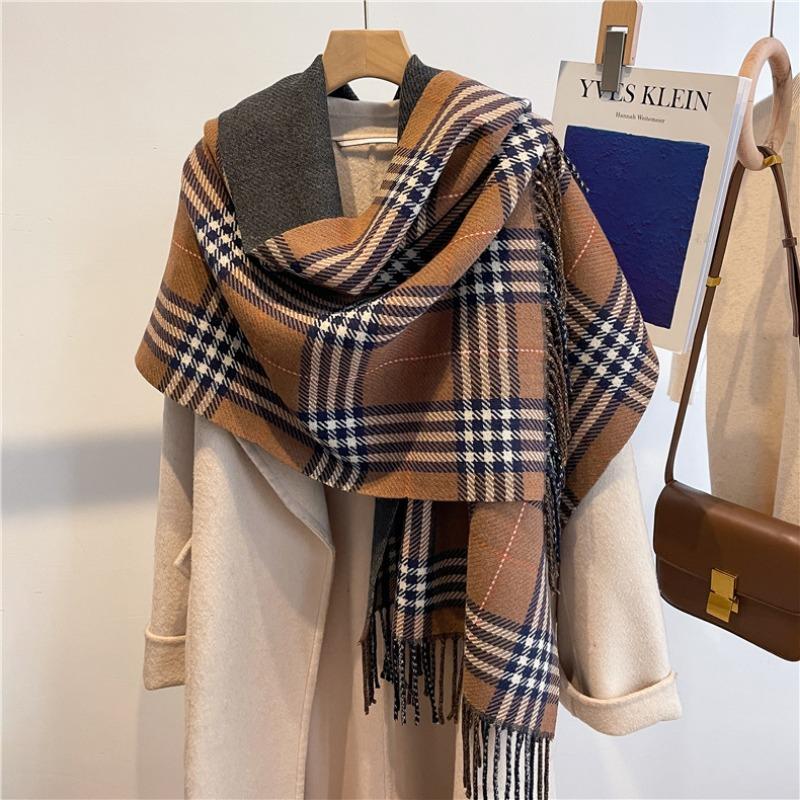 Sweet Plaid Scarf Women's Versatile Imitation Cashmere Thickened Double-sided Fringed Shawl Long Scarf One Piece