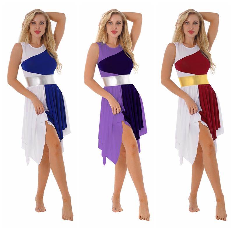 Womens Stage Performance Dress Sleeveless Color Block Gown with Unique Hem Detail Round Neckline for Formal Dance Events