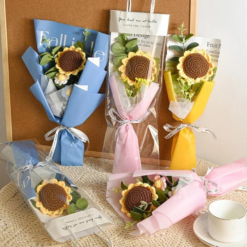 Crochet Flowers Bouquet Rose Hand-Knitted Graduation Flowers Bouquet Wedding Party Decoration Birthday Graduation Gifts