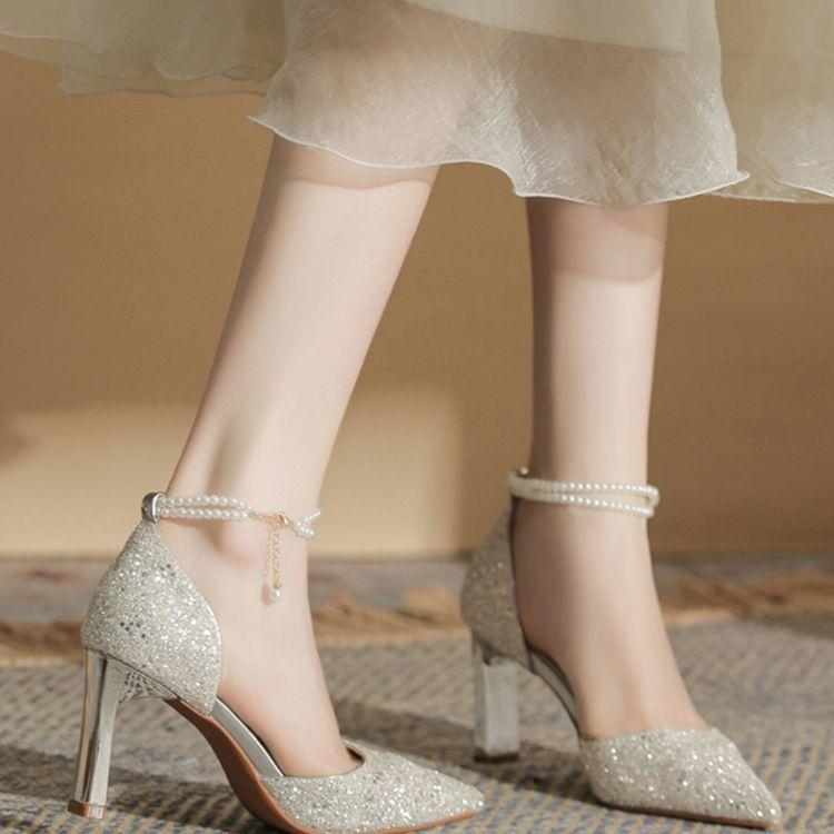 Vestido de noiva prateado sapatos de dama de honra francês ponta salto grosso bar mitzvah pérola oco saltos altos mulheres não se cansam