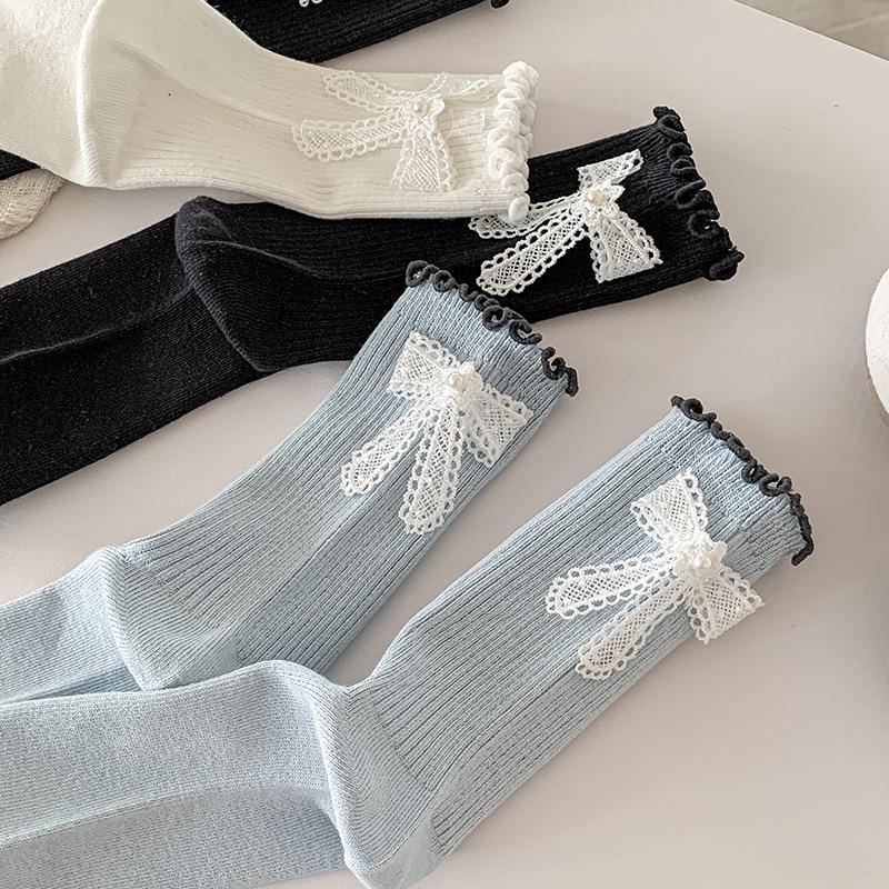 Female Spring and Autumn Sweet Heel Bow Wooden Ear Edge Ballet Wind Drum Pile Socks