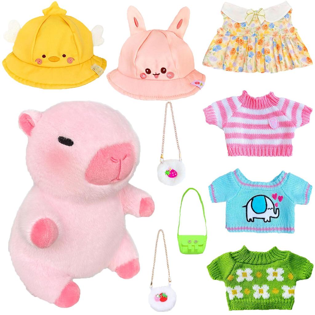 Plush Toy Set Includes Soft Stuffed Animal with Multiple Small Clothing Items and Accessories Suitable for Home Display or Playtime Use