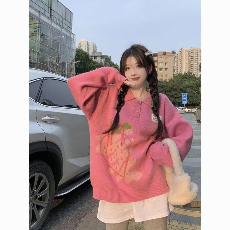 

Женский розовый свитер однотонный с клубникой, милый, в стиле ленивой леди, с отложным воротником, вязаный, осенний, свободный, женский пуловерный топ Onesize розовый