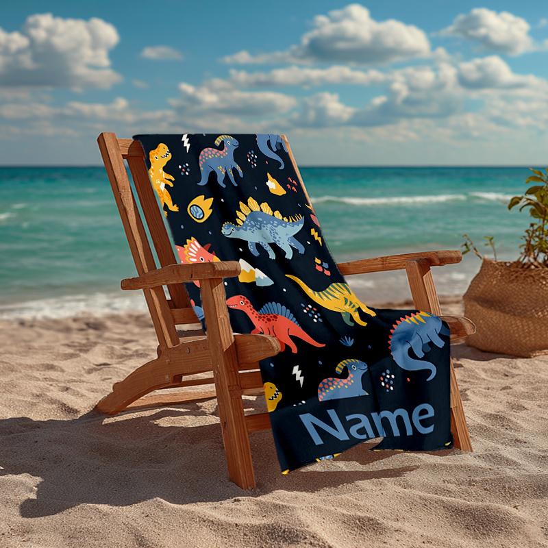 Custom Name Ultra-Soft Beach Towel with Dinosaur Theme,Ideal for Pool - Camping, Diving - Perfect Travel Essential, Vibrant Beach Towel.