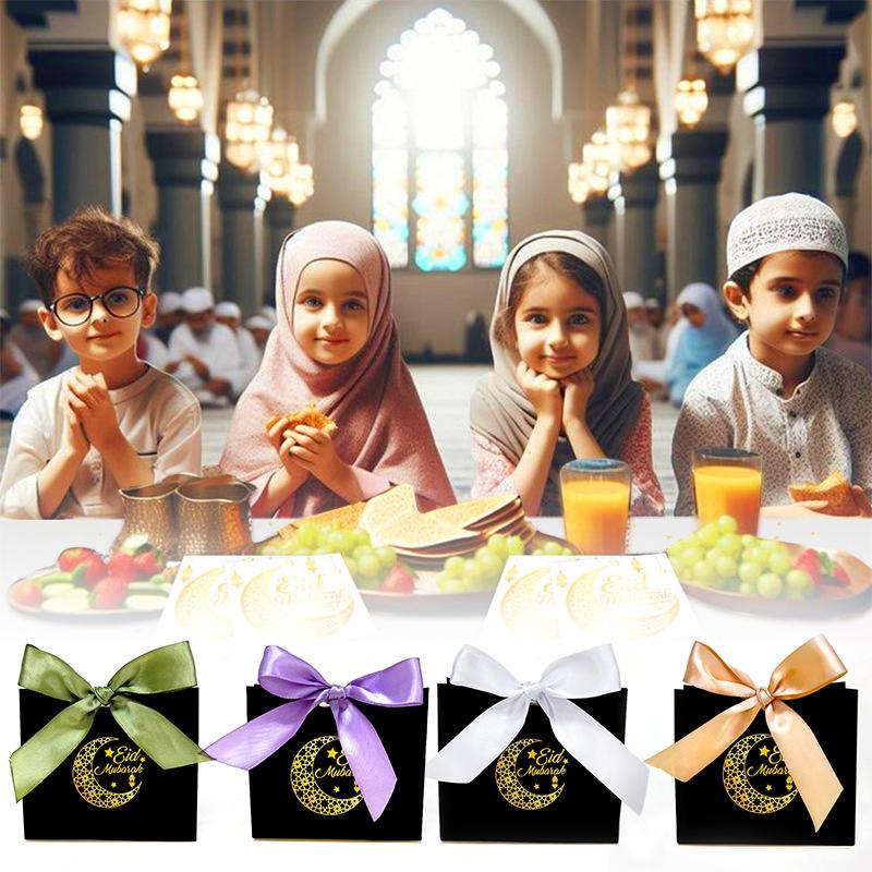10-Pack Islamic Party Bags 2025 Paper Gift Bag DIY Supplies Eid Mubarak Elegant Candy Box Set Mini with Ribbons