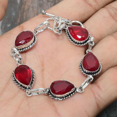 Ruby (Simulated) Gemstone Handmade Solid 925 Sterling Silver Jewelry Bracelet