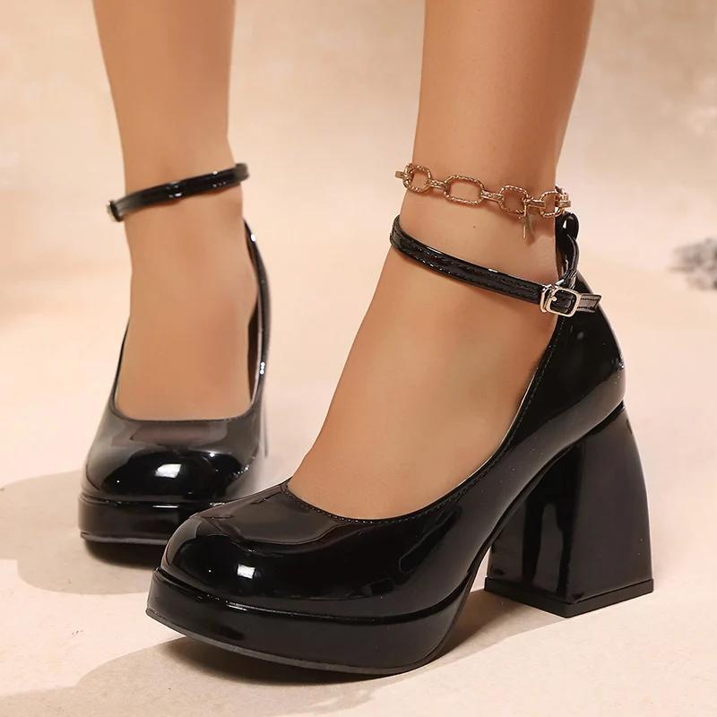 Fashion Women's High Heels Platform Pumps Patent Leather Chunky Heeled Lolita Shoes Woman Plus Size Fashion Ankle Strap Mary Jane Pumps