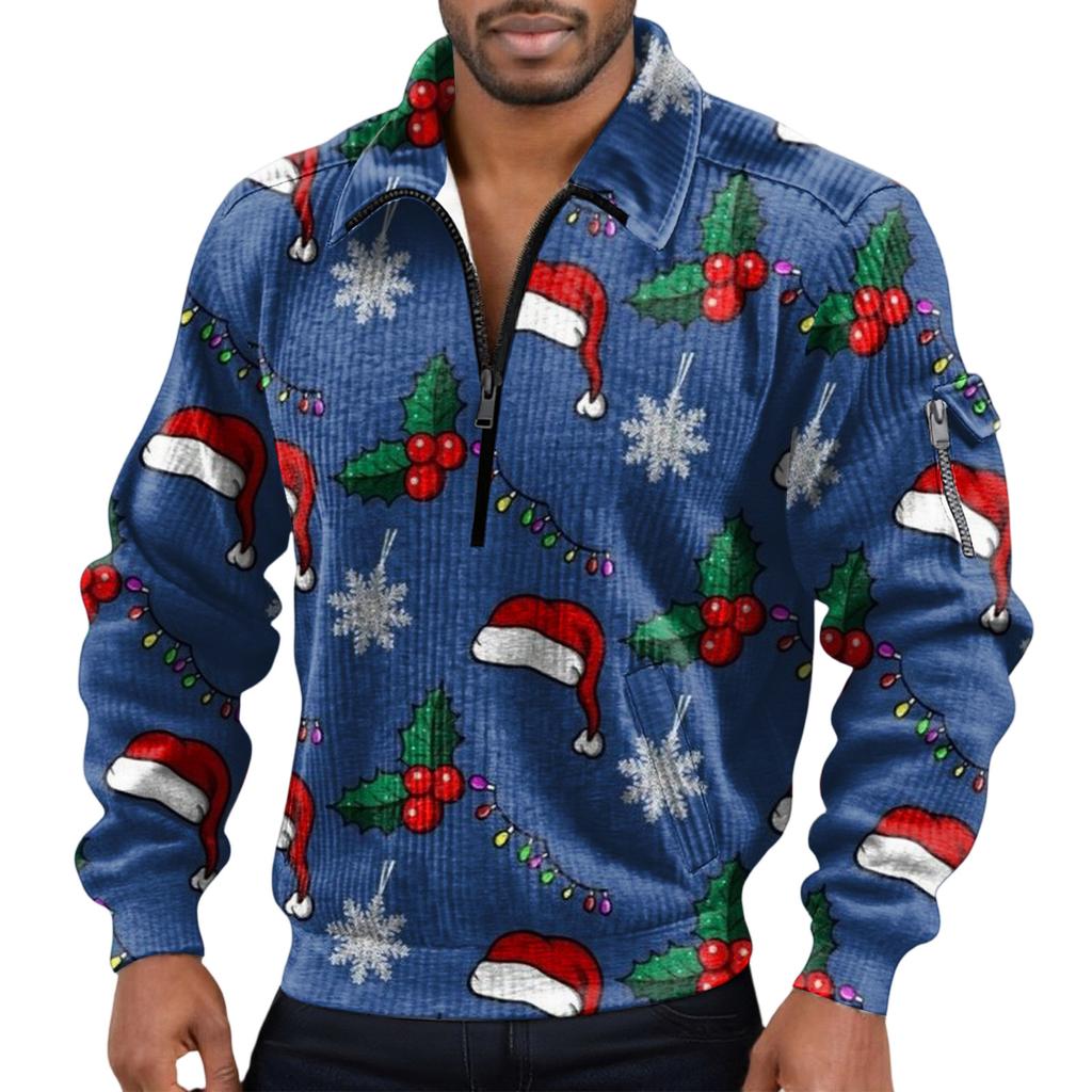 Men's Solid Color Corduroy Zipper Neck Long Sleeve Top Men's Casual Lapel Top