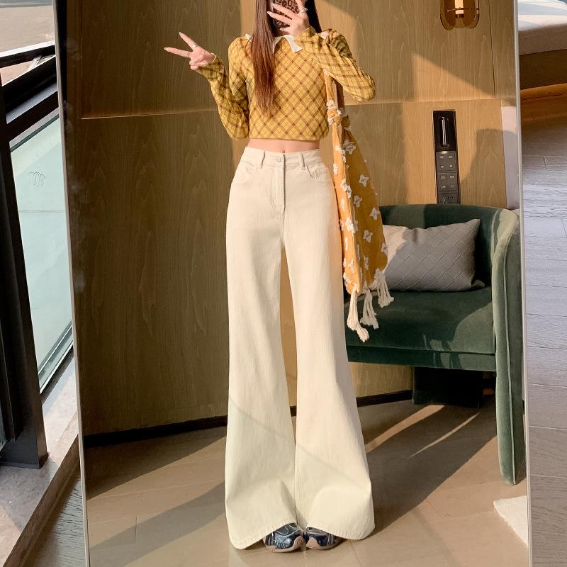 Rice apricot slightly pulled jeans women's early spring new high-waisted straight tube loose and thin, no legs, horn pants
