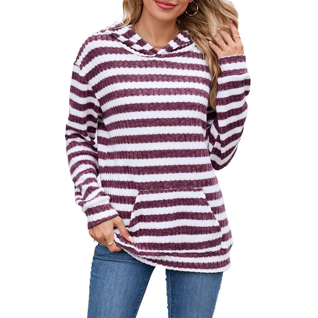 Women's Fashionable Casual Striped Hooded Pocket Loose Long Sleeved Pullover Top