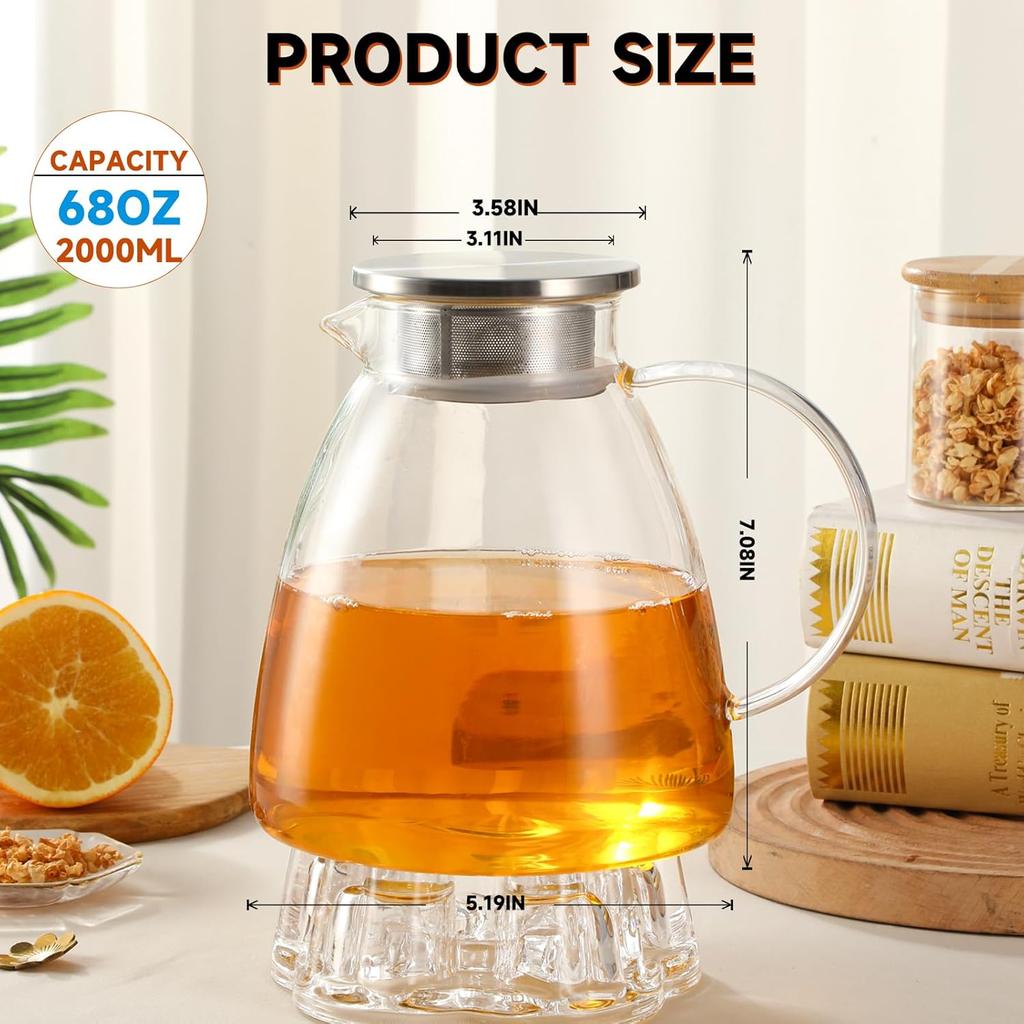 68OZ/2000ML One Touch Glass Teapot with Stainless Steel Filter Lid, Stovetop & Microwave Safe Tea Maker Water Kettle, Strainer & Cover 2 in 1 Loose