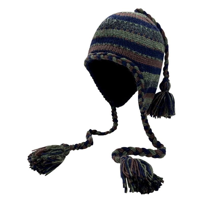 

Осенне-зимняя ретро шапка ручной вязки из плетеной шерсти, женская бархатная теплая универсальная шапка-мешок для головы с защитой ушей 52-56cm армия зеленый