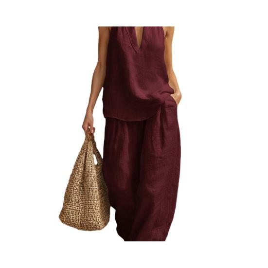 

Women Halter Sleeveless 2 Piece Outfit V-Neck Top High Waist Casual Loose Pants Summer Loungewear Sets for Casual Party Office Daily Wear XL