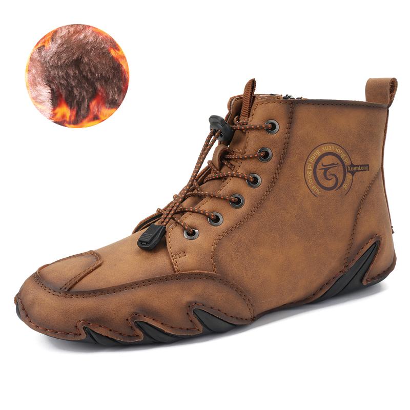 New Men's Quality Leather Ankle Boots Men Sneakers Outdoor Lace-Up Casual Shoes Fashion Winter Plus Velvet Casual Driving Boots