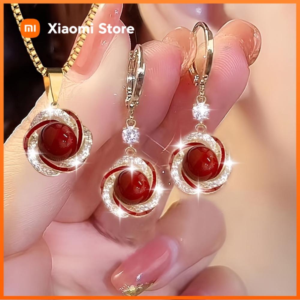Xiaomi Ensemble de bijoux 5 pièces, zircon brillant, fleur en spirale, perles rouges, faux perles, collier, boucles d'oreilles, bague,