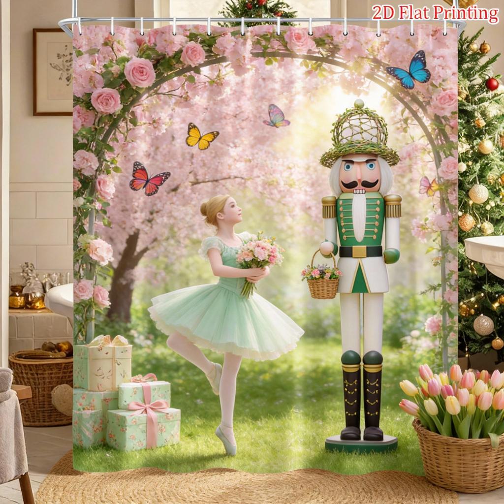 Christmas Ballet Shower Curtain Nutcracker And Tree Print Polyester Bath Curtain With Hooks For Holiday Decor