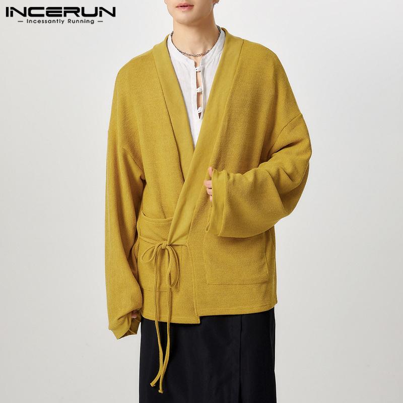 INCERUN Oversized Men Drop Shoulder Long Sleeve Bandage Ribbed Cardigan Baggy Kimono Tops
