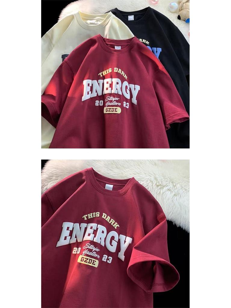 Men's Burgundy Oversized Retro Summer T-Shirt - Short Sleeve, Pure Cotton, Five-Sleeve Trend