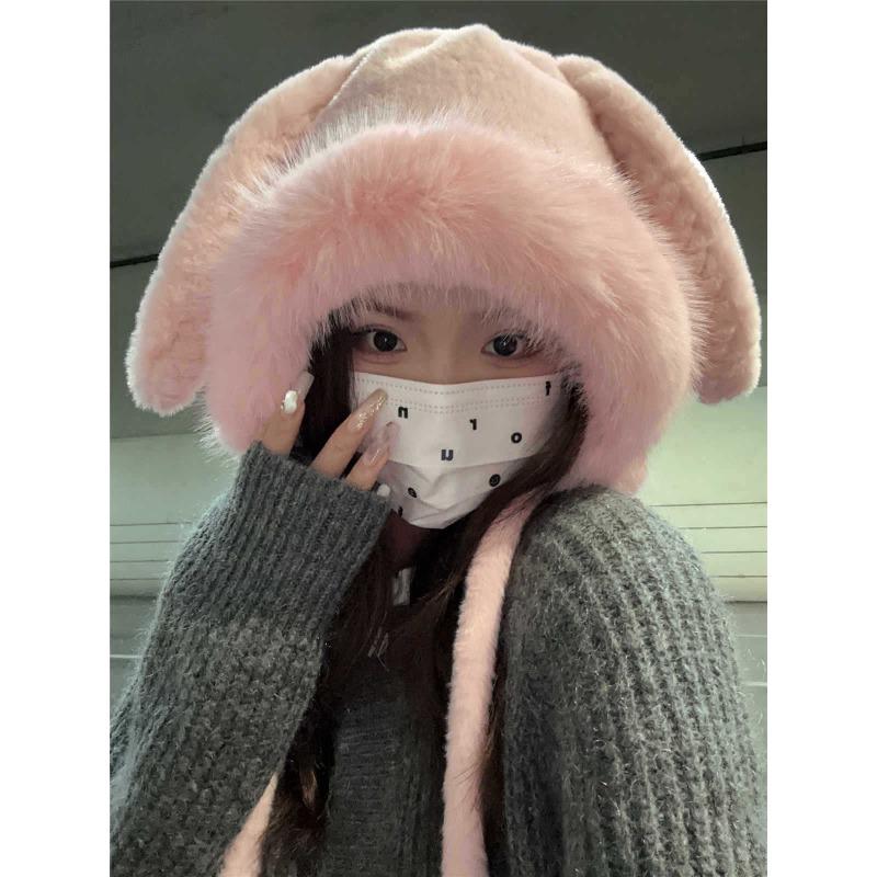 

Милая шапка-капюшон в корейском стиле с длинными кроличьими ушками для осени и зимы, для защиты от холода, теплая шапка для защиты ушей для студенток, чтобы подчеркнуть маленькое лицо one size