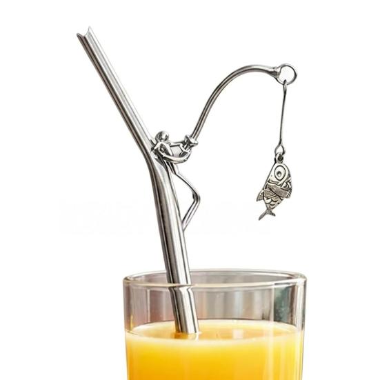 2Pcs Fishing Angler-Shaped Stainless Steel Straw with Cleaning Brush Reusable Metal Drinking Straw for Coffee Milk Tea Juice Novelty Gift for Fishing