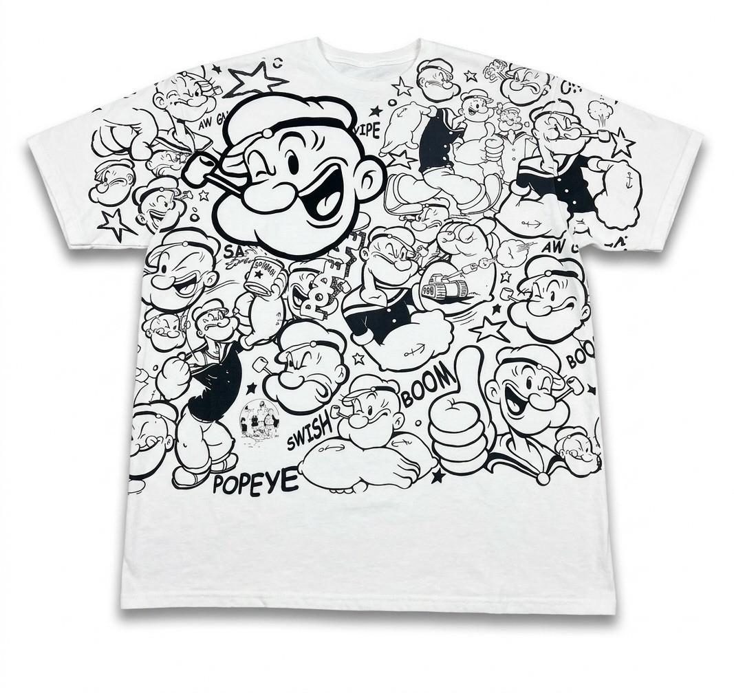 Liquid Blue Popeye All Over Print Shirt Mens XL White Cartoon Graphic Tee Cotton Unisex T-Shirt XL