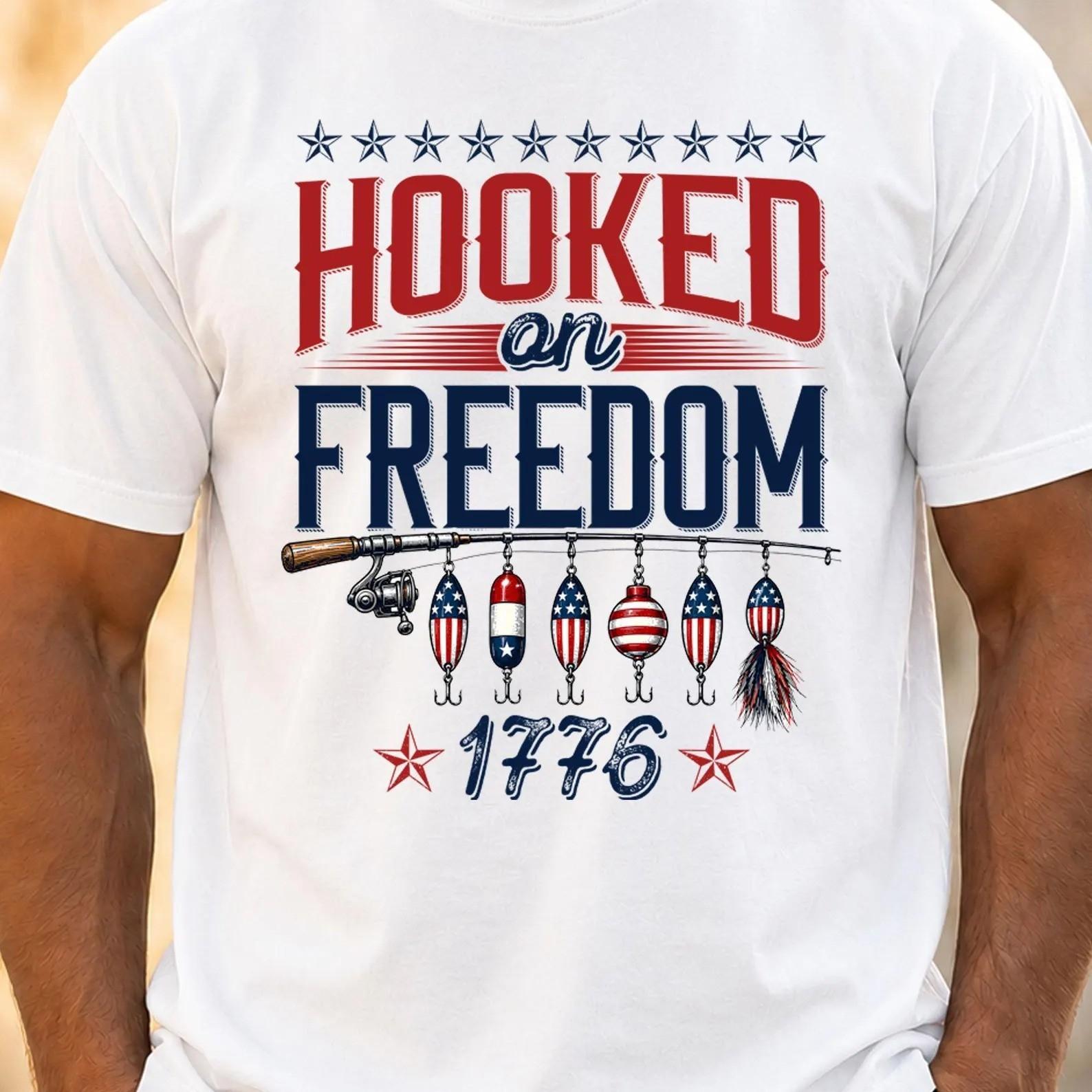 Hooked on Freedom Fishing, Patriotic Angler Tee, USA 1776 July 4th T-Shirt XXL