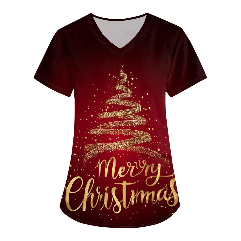 Women's Christmas Print Loose V-Neck Pocket Short-Sleeved Uniform