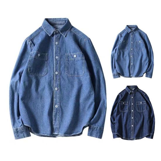 Denimskjorte for menn Ensfarget Langermet Single Breasted Streetwear Turndown-krage Løs skjorte Kåpe Jakke Herreklær