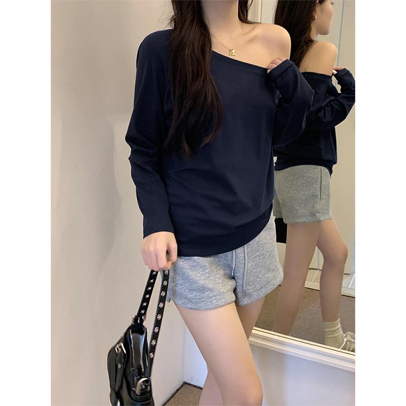 Gray Pure Cotton Off-Shoulder Long-Sleeve Women's T-Shirt - Loose Fit, Spring/Autumn Stylish and Sexy Top