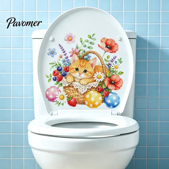 Decorative Stickers for Ceramic Tiles Cute Kitten Flower Basket Toilet Seat Sticker, Waterproof Lid Tank Wall Decals, Self-Adhesive PVC Bathroom