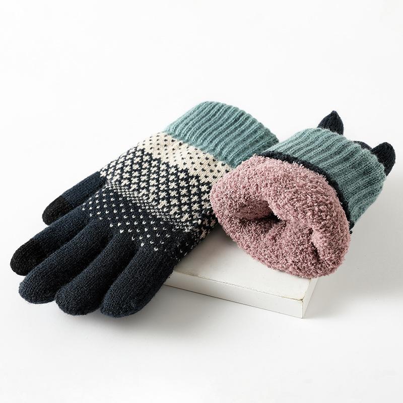 Gants Tricotés pour Femmes Velours Double Couche et Épais Anti Froid Écran Tactile Doigts Séparés Chaud Extérieur Gants de Cyclisme