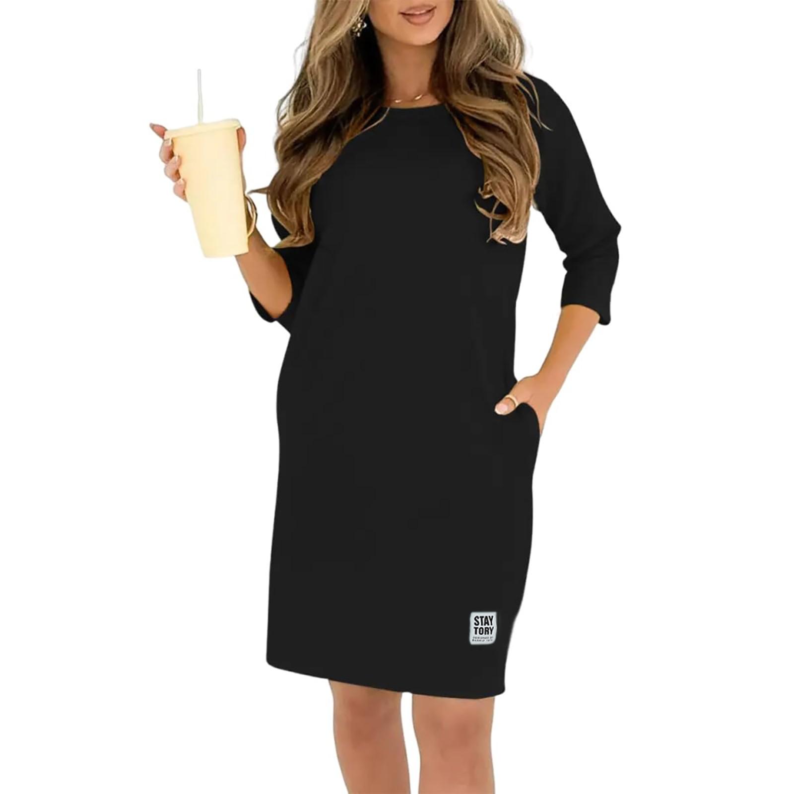 

Женское модное однотонное платье с круглым вырезом, свободного кроя, в стиле кэжуал XXL чёрный