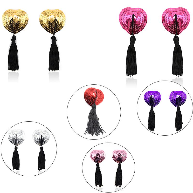 Sequin Heart-shaped Tassel Nipple Covers - Adult SM Bondage Accessory