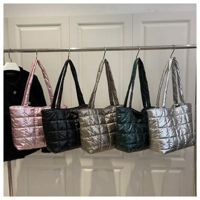 Fashion Solid Color Shoulder Bags Large Capacity Down Cotton Padded Quilted Tote Bag Shopping Bag Winter