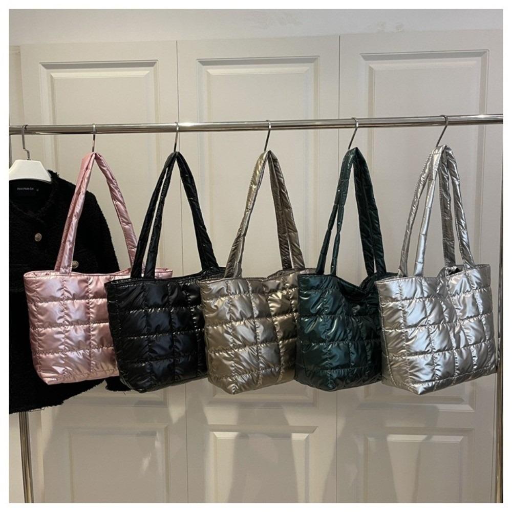 Fashion Solid Color Shoulder Bags Large Capacity Down Cotton Padded Quilted Tote Bag Underarm Bags Women Girls
