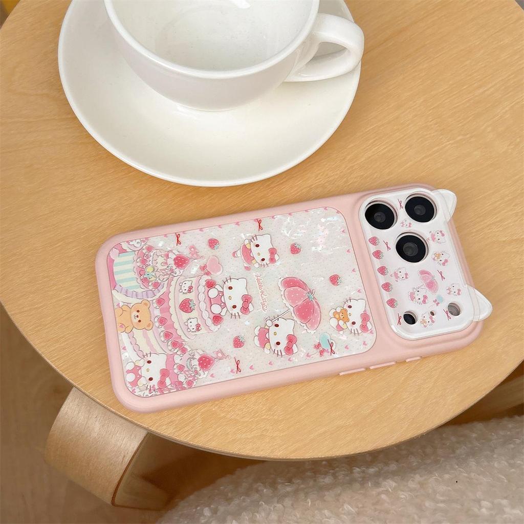 Strawberry KT Cat 3D Ear iPhone 15/16/17 Pro Max Drop-Proof Case